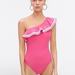 J. Crew Pink One-Shoulder Ruffle One Piece